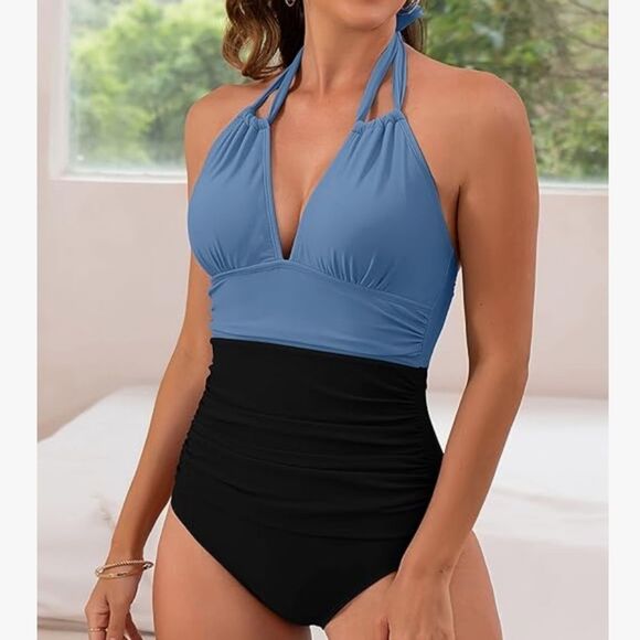 Blue and Black Halter Swimsuit - Picture 1 of 4